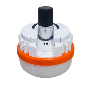 Lámpara de emergencia recargable YY-9017, diseño compacto color blanco con borde naranja, estructura cilíndrica y conector superior retráctil.