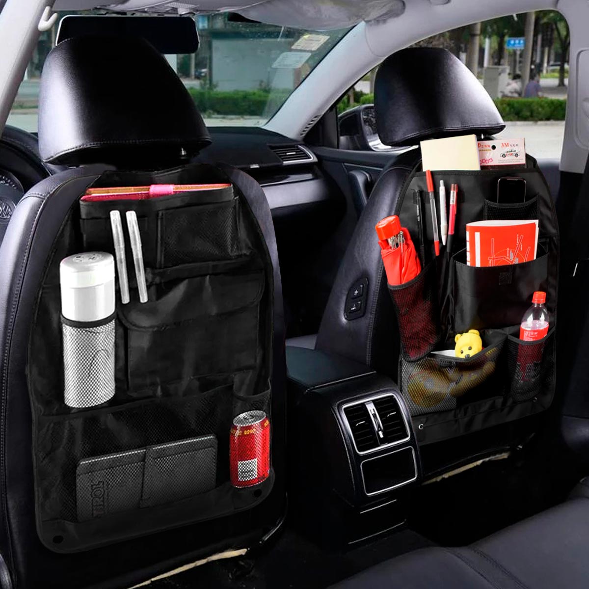 Set x2 organizador de asiento trasero de carro con múltiples bolsillos, ideal para guardar objetos.