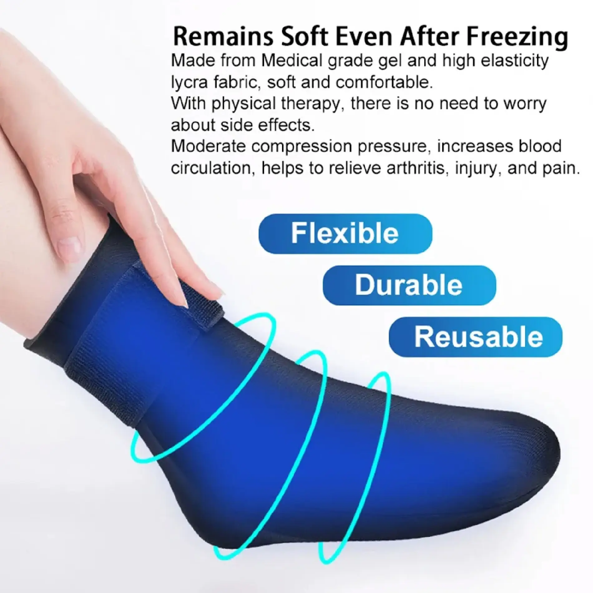 Media terapéutica de gel azul para pies y tobillos, flexible y reutilizable, que alivia el dolor.