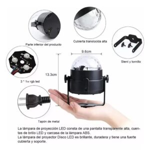Lámpara de proyector disco LED de 13.3 cm de alto y 9.6 cm de ancho, incluye base metálica, tornillos, cable de alimentación y componentes internos visibles.