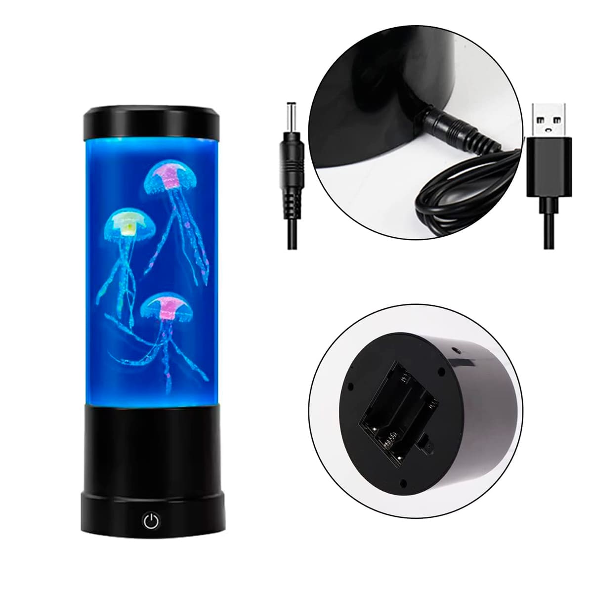 Lámpara LED cilíndrica con medusas artificiales multicolor, incluye base con botón de encendido, cable de conexión USB y compartimento para baterías.