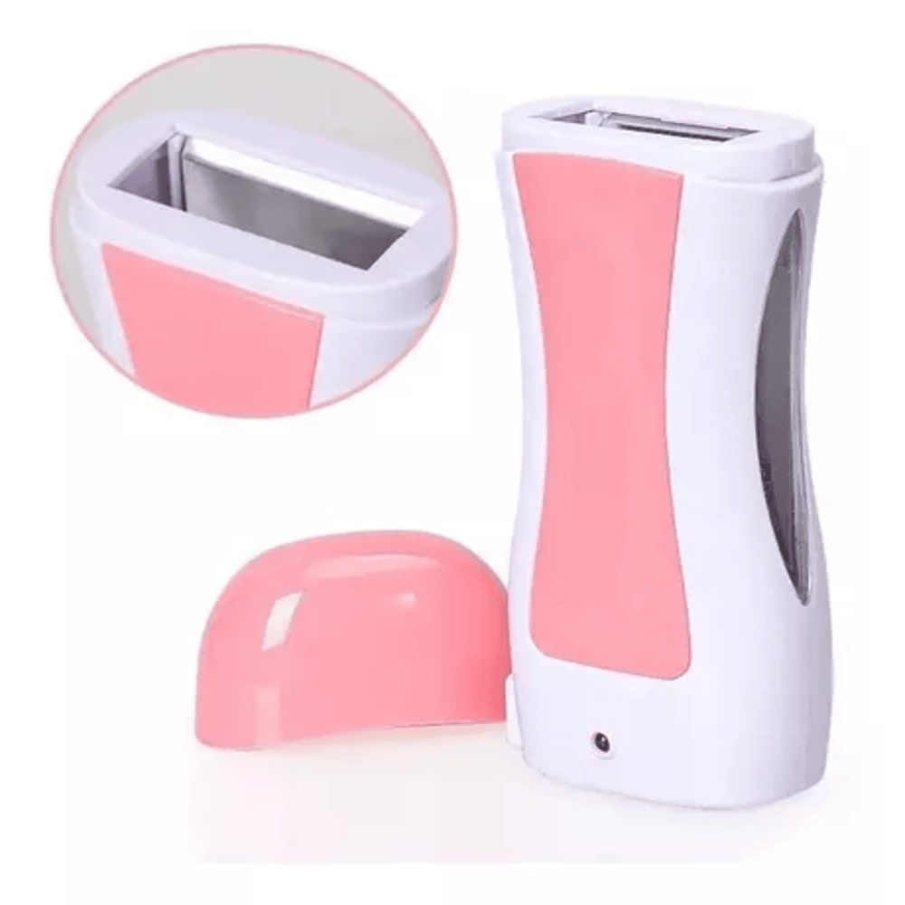Set de dos calentadores de cera roll on blancos con detalles en rosa, uno con tapa y otro con detalle de la zona de cera.
