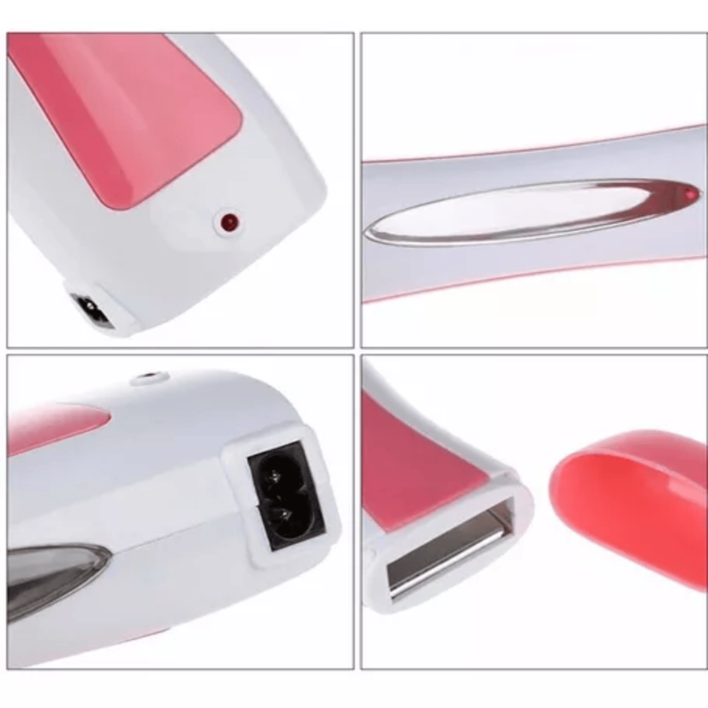 Set x2 calentador de cera roll on blanco con detalles rosas, muestra conexiones de energía y detalles del aplicador.