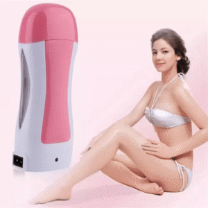 Set x2 calentador de cera roll on rosa y blanco, con mujer en bikini aplicándose cera en las piernas.