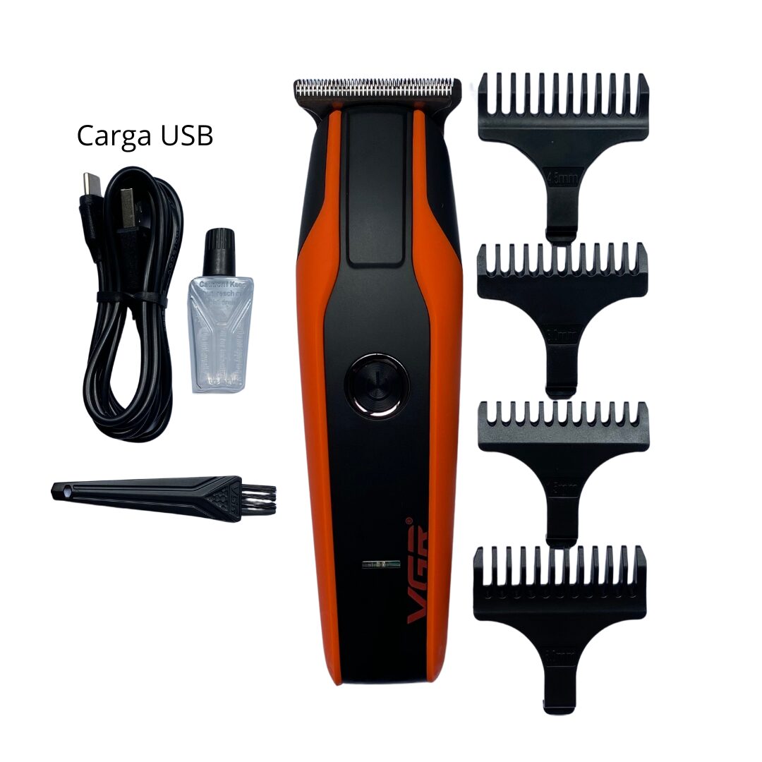 Recortadora VGR naranja y negra, con accesorios, cable USB y aceite.