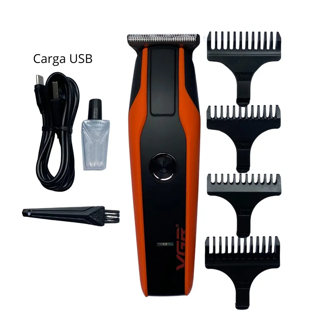 Recortadora VGR naranja y negra, con accesorios, cable USB y aceite.