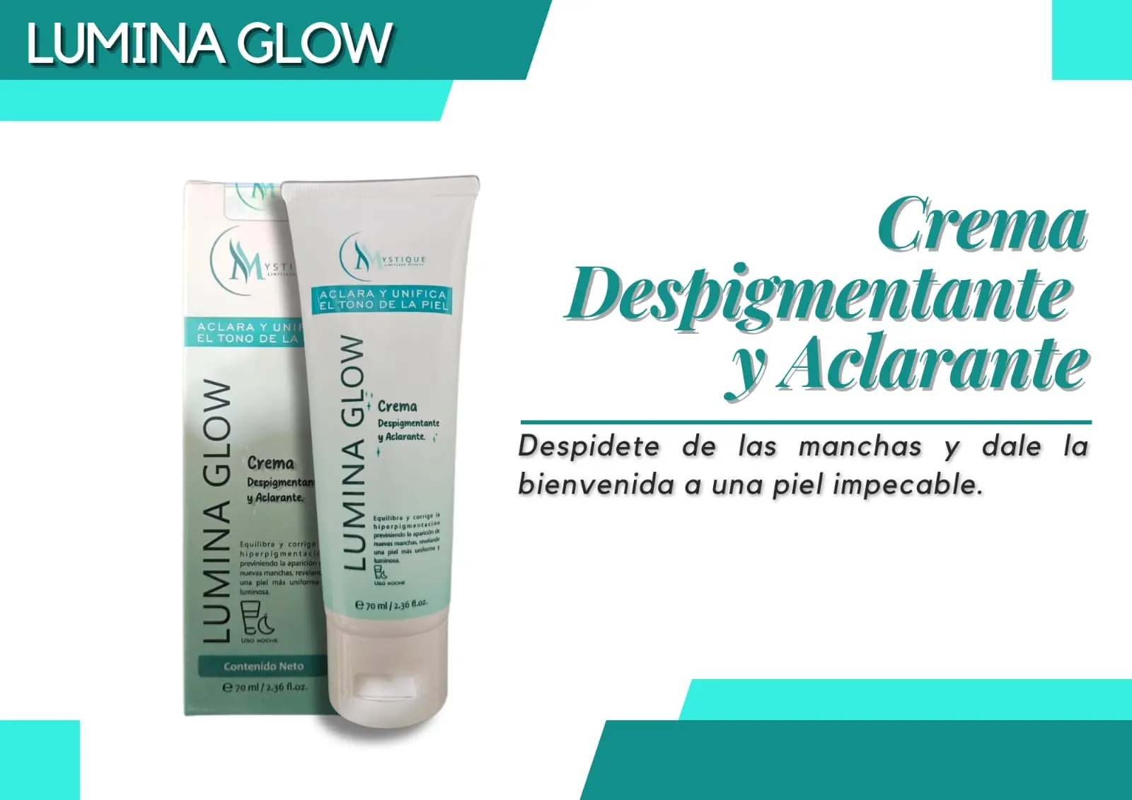 Crema aclaradora y despigmentante Lumina Glow en tubo de 70 ml junto a su caja, formulada para equilibrar el tono y prevenir manchas en la piel.