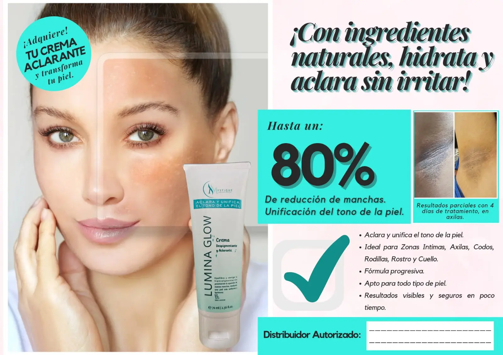 Crema aclarante Lumina Glow de 70 ml, tubo blanco diseñado para reducir manchas, unificar el tono de la piel y usar en rostro, axilas y zonas íntimas.
