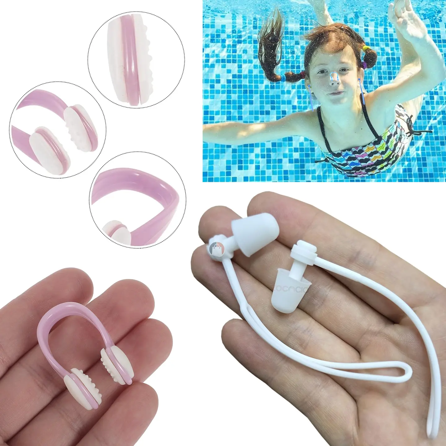 Tapones para oídos y nariz de natación, silicona suave, color rosado y blanco, ideal para niños y adultos.