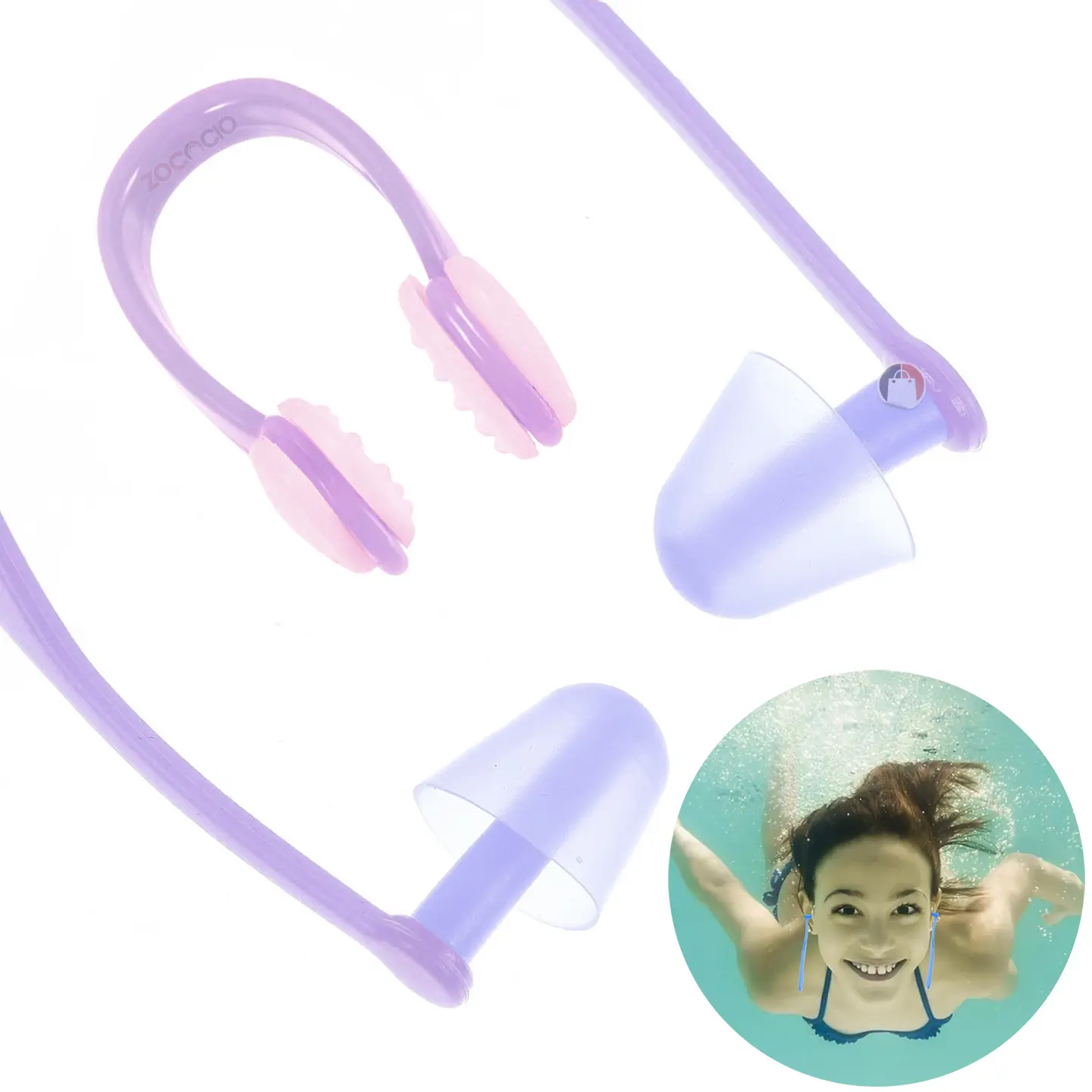 Set de tapones para oídos y nariz de natación en color lila y rosa, con persona nadando.