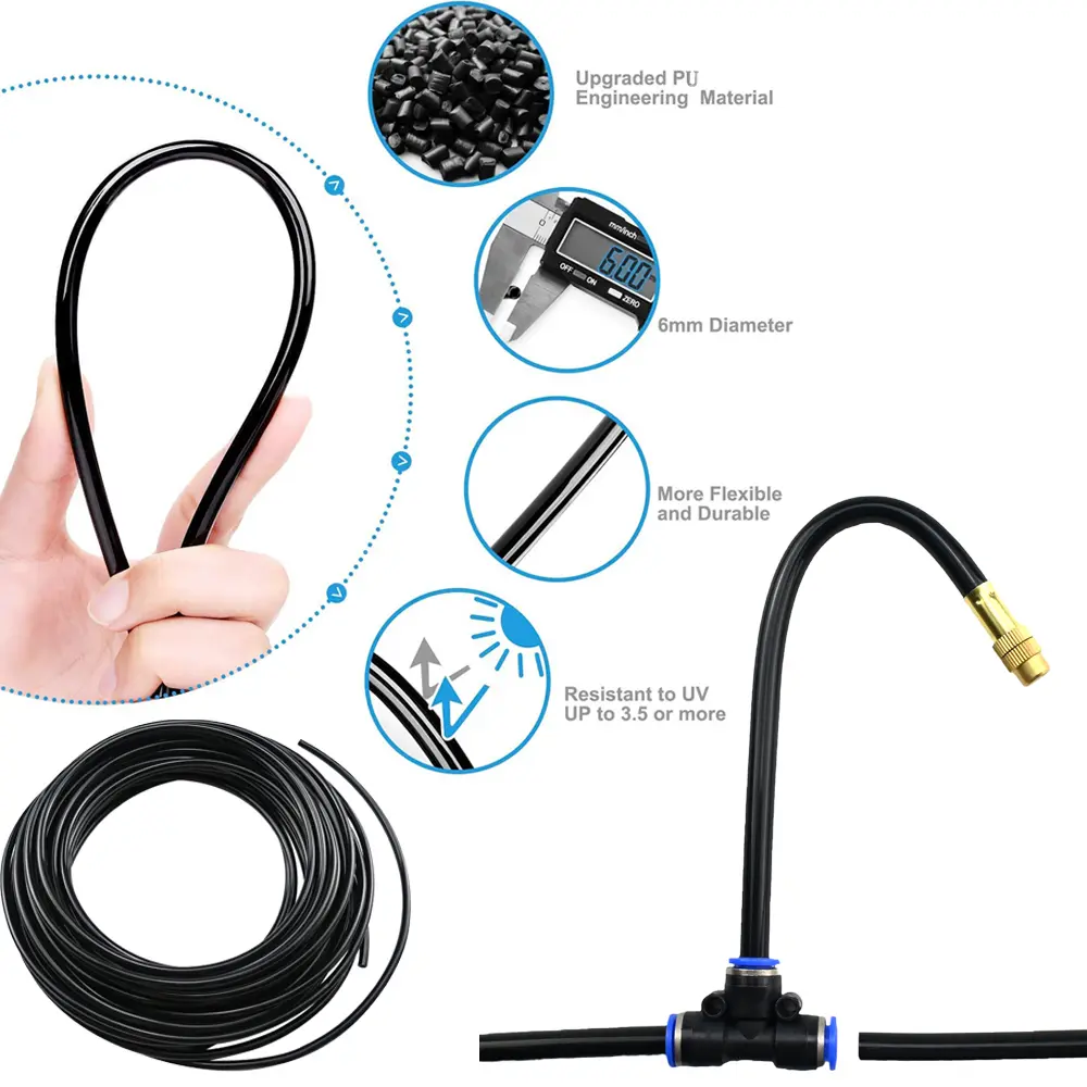 Manguera de PU negra flexible de 6 mm de diámetro, resistente a UV, ideal para riego.