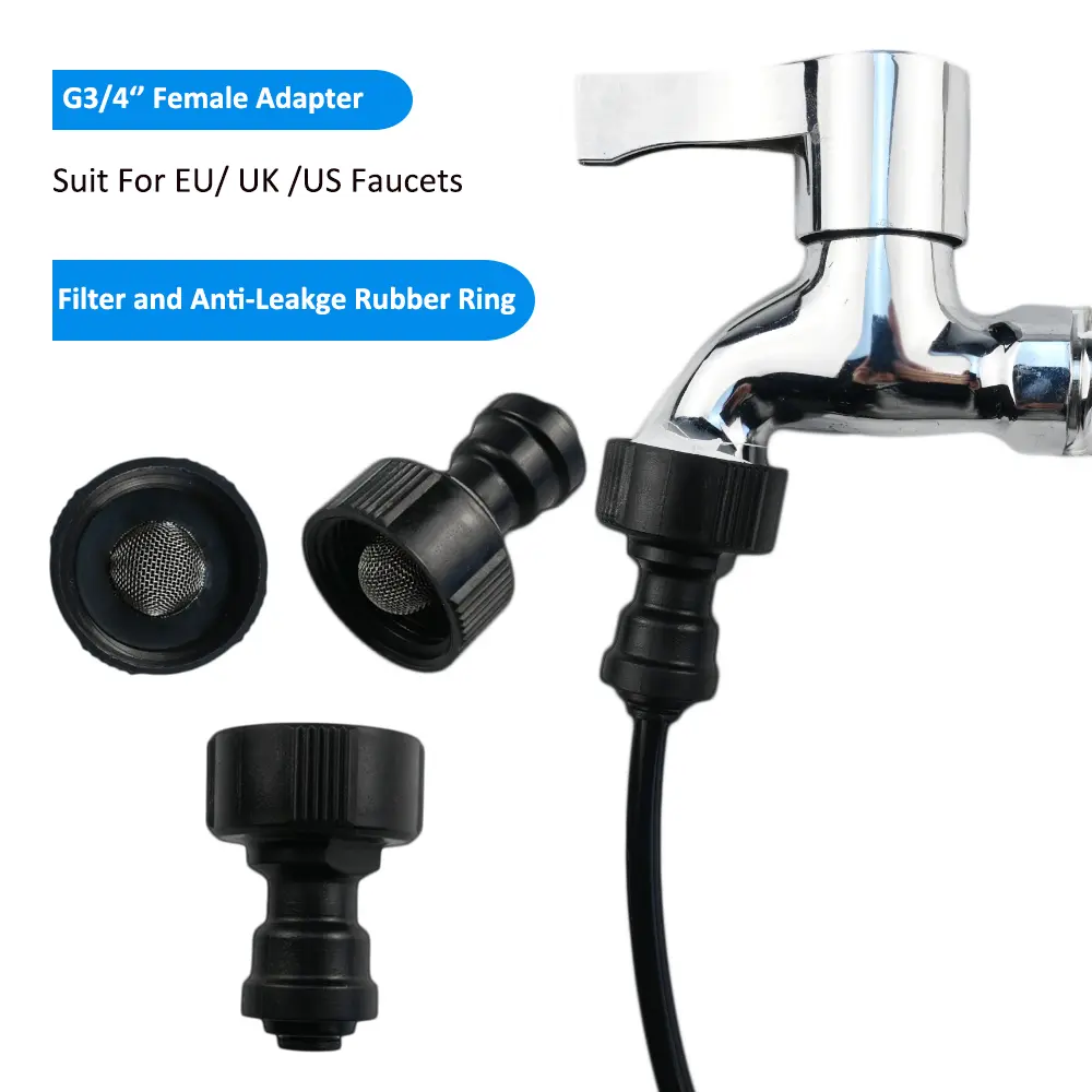 Adaptador G3/4 hembra para grifos EU/UK/US, filtro y anillo de goma anti-fugas.