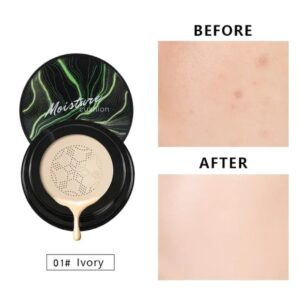 Base Moisture Chafful tono Ivory 01 en empaque negro con demostración de antes y después.