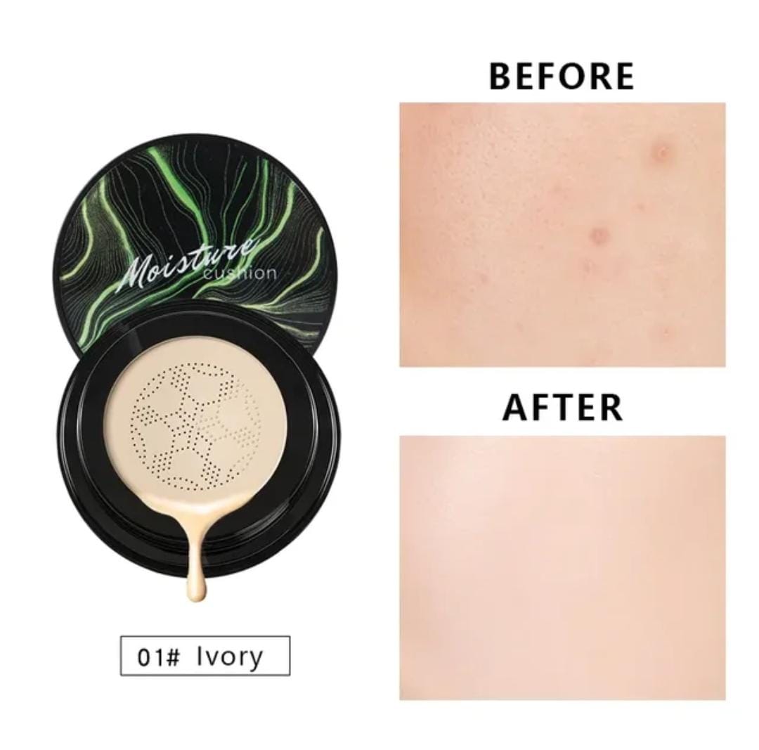 Base Moisture Chafful tono Ivory 01 en empaque negro con demostración de antes y después.