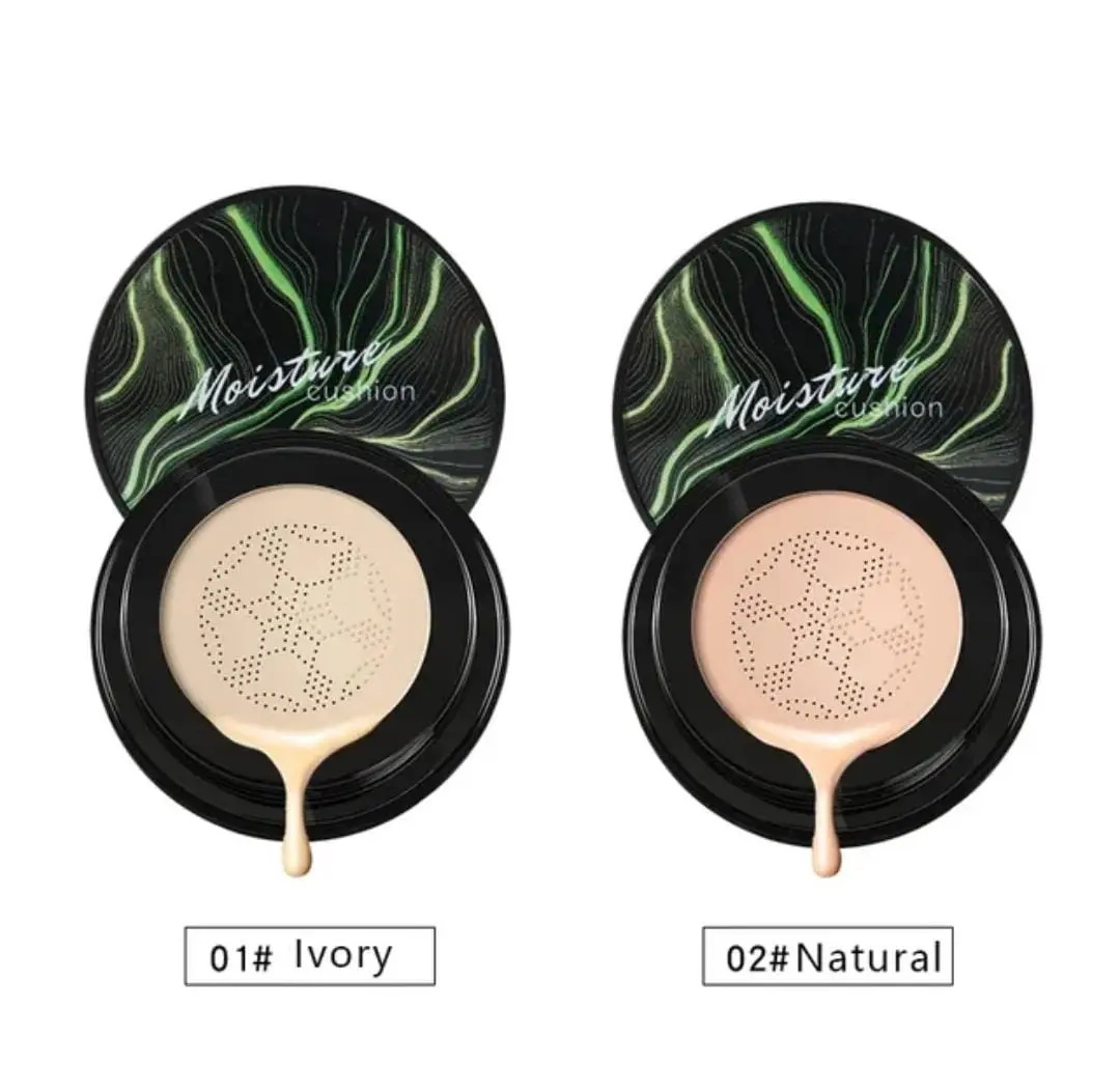 Dos bases Moisture Cushion, una tono Ivory 01 y otra Natural 02, con empaque negro y diseño verde.