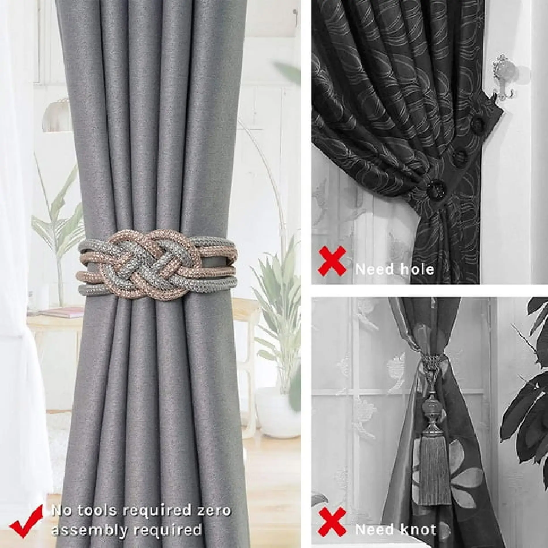 Cordones magnéticos para cortinas, tejido trenzado plateado y rosa, sin herramientas ni nudos, para sujetar cortinas.