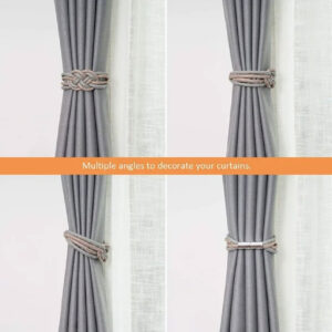 Cortineros magnéticos con cuerda trenzada en color gris y rosa, sujetan cortinas grises, mostrando variedad de ángulos.