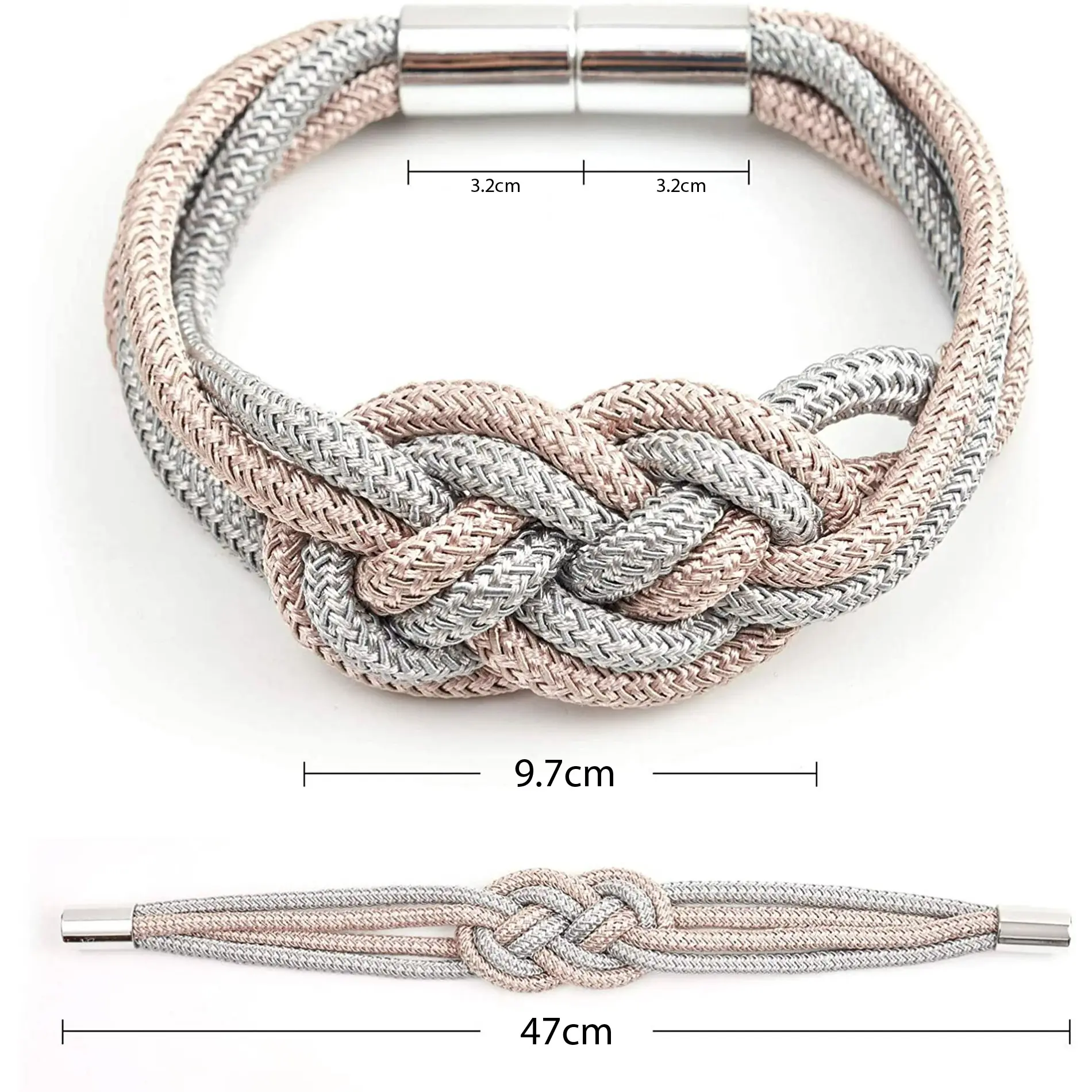 Set de 2 amarres para cortina magnéticos, trenzados en colores rosa y plateado, con nudo central y cierre metálico.