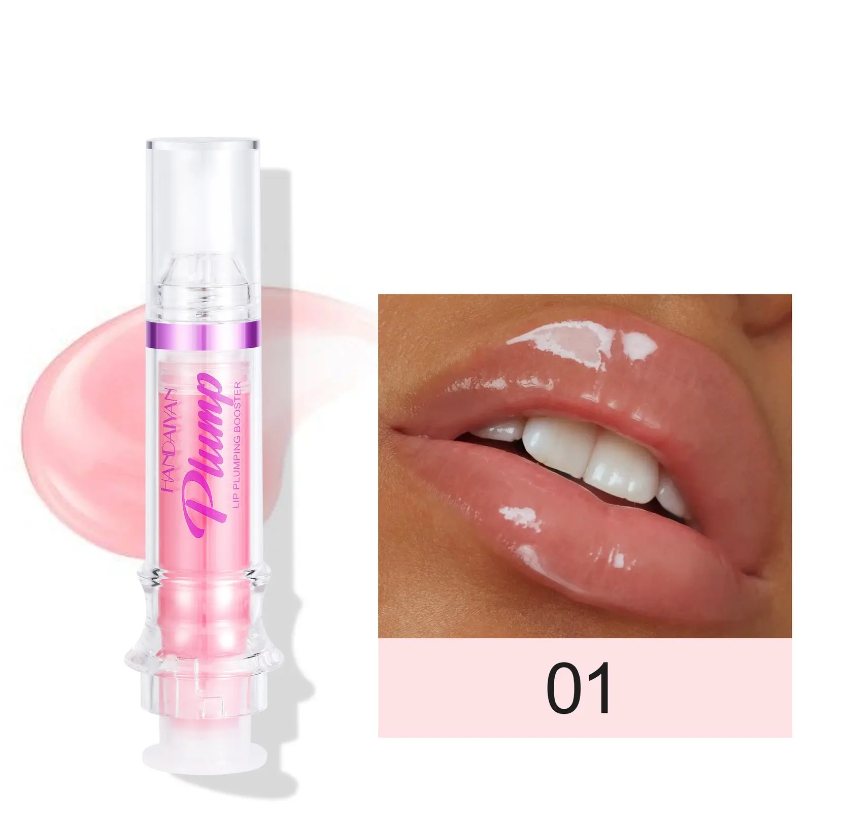 Voluminizador de labios Handaiyan rosa con aplicador tipo inyección y labios brillantes modelo 01.