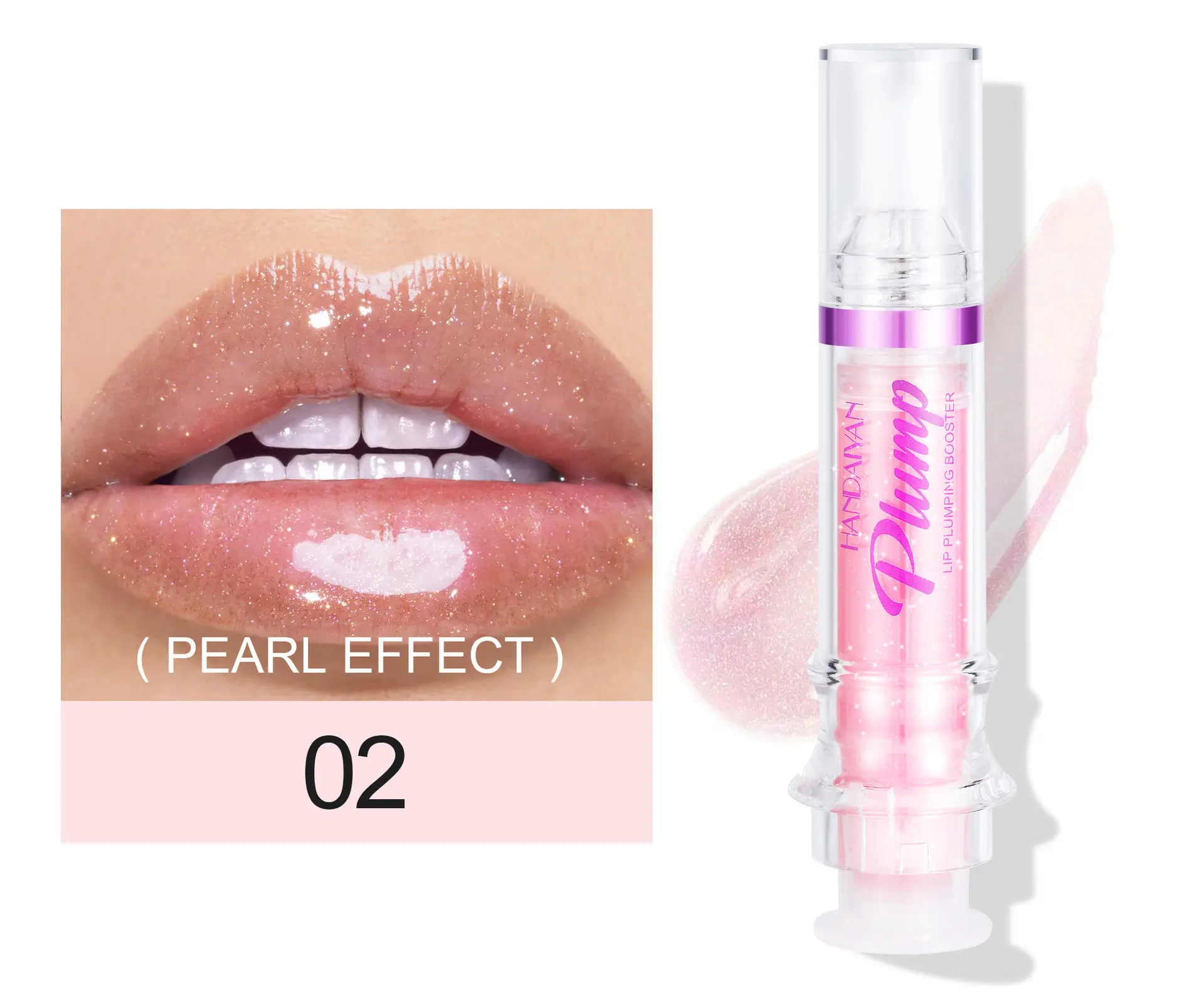 Voluminizador de labios rosa con efecto perlado, forma de inyección, tono 02.