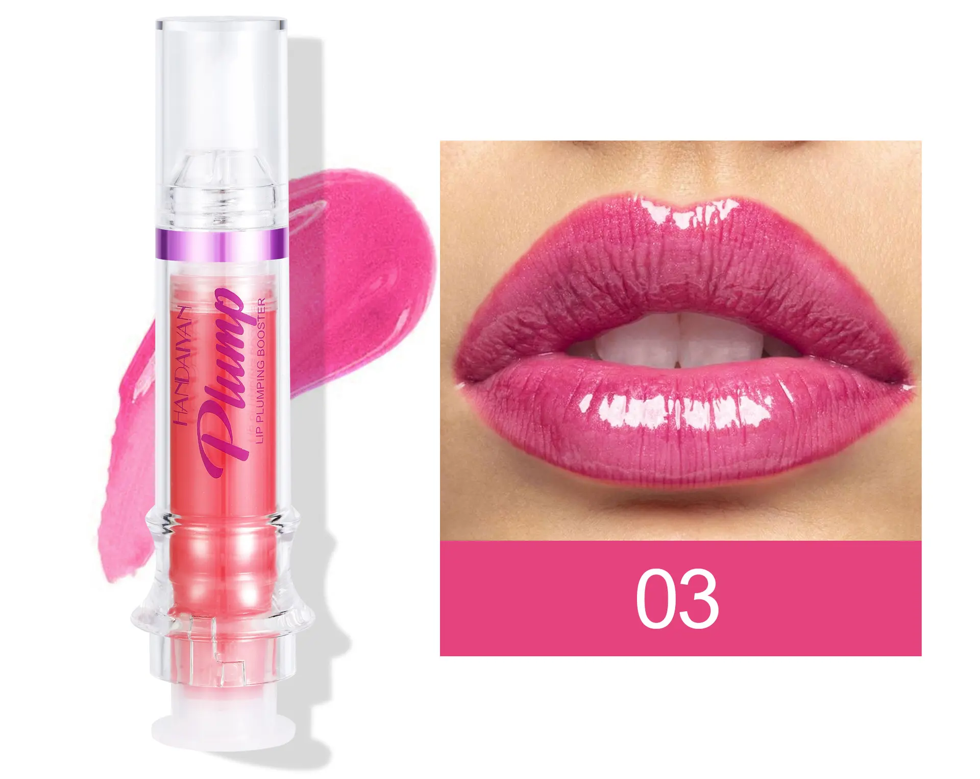 Voluminizador de labios rosado brillante "Plump" en forma de jeringa, ideal para dar volumen.