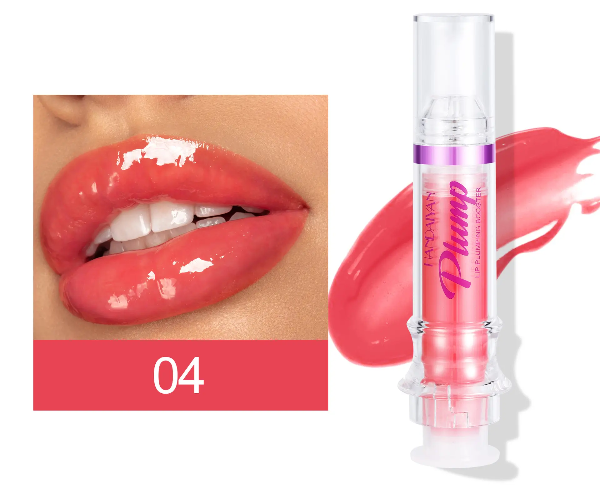 Labial voluminizador en tono coral 04, presentación forma inyección, con labios brillantes en primer plano.