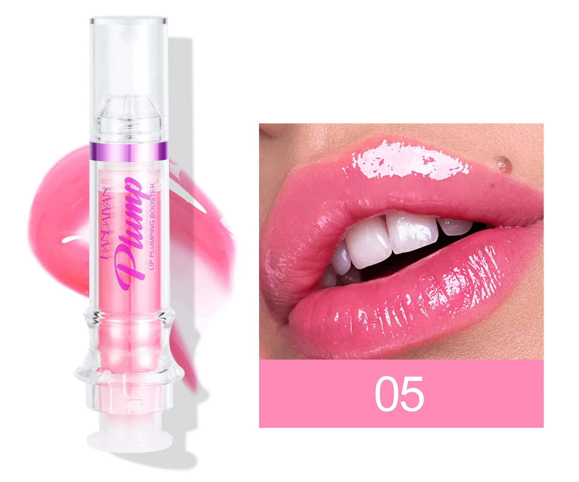Voluminizador de labios color rosa brillante en jeringa, efecto relleno, modelo 05.