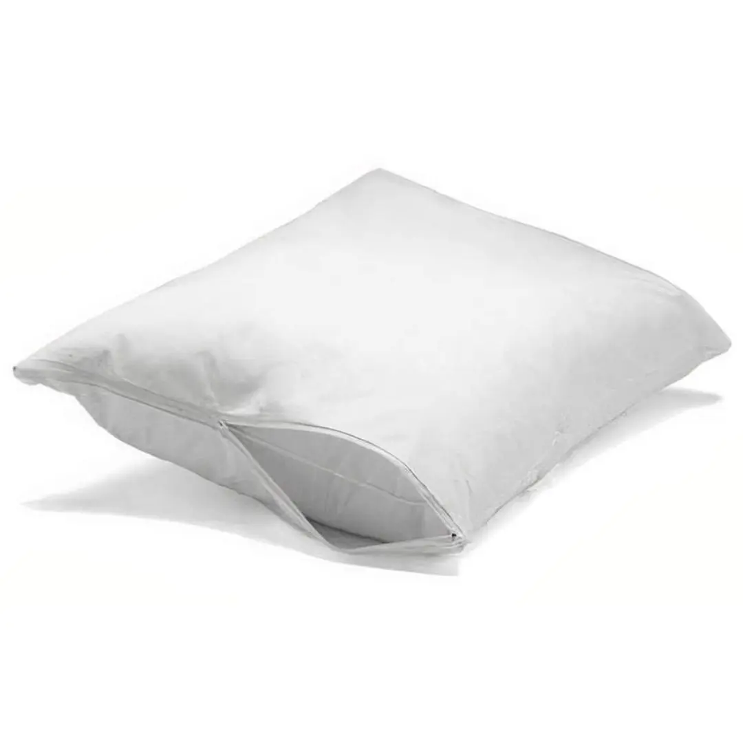 Almohada hotelera blanca 40x60 cm, funda con cierre, vista lateral.