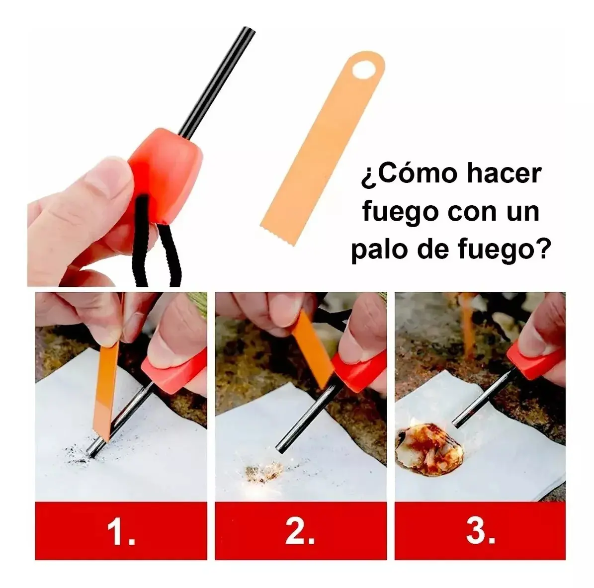 Kit para hacer fuego con palo y rascador naranja. Demostración paso a paso: chispas, llama y encendido.