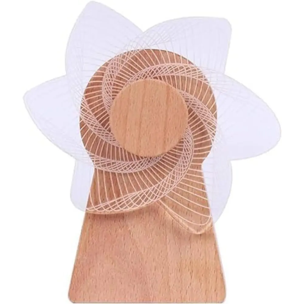 Lámpara 3D giratoria con base de madera y diseño de pétalos blancos, crea efecto óptico.
