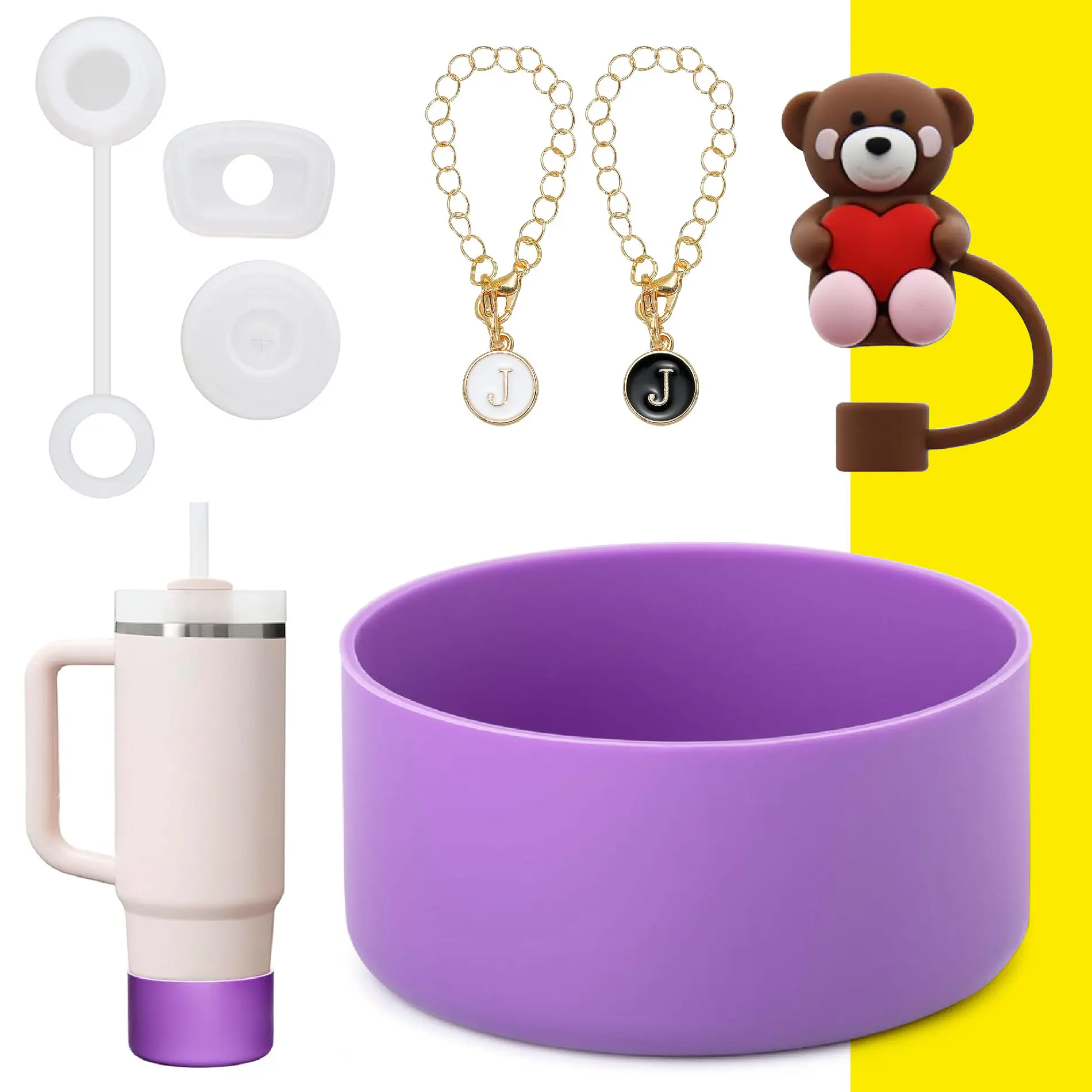 Set bases silicona morada termo Stanley, tapa, charms oso y "J", popote.