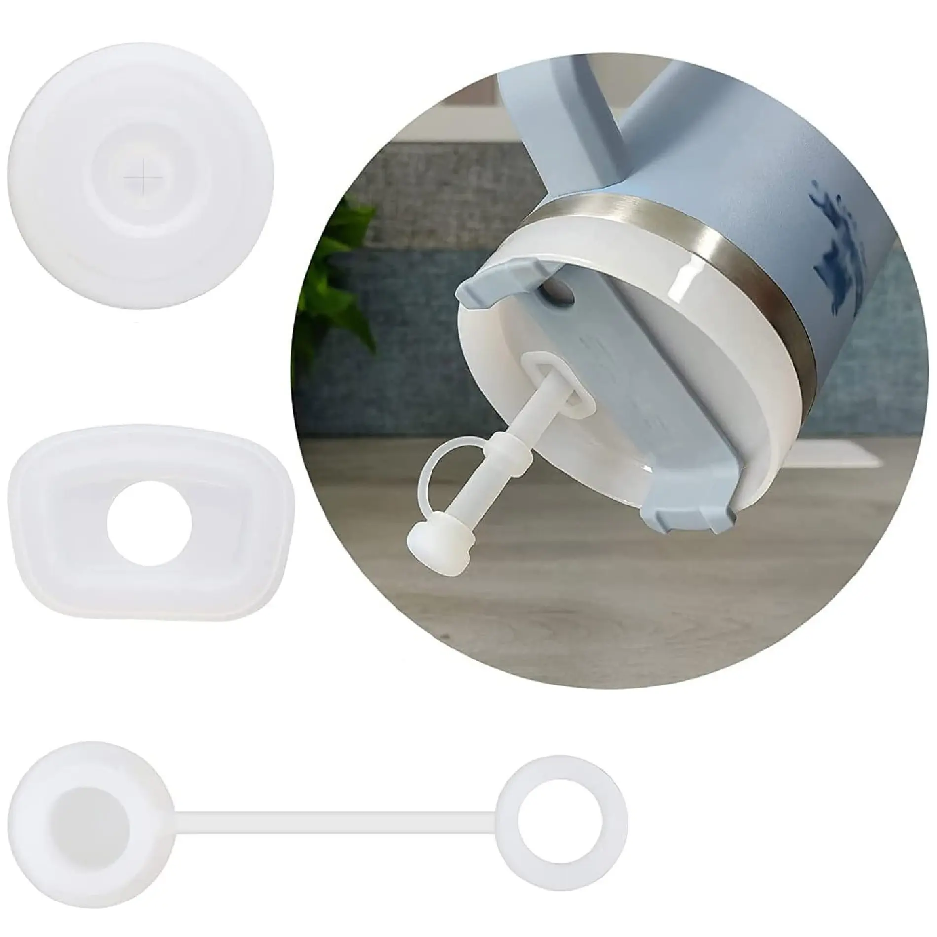 Base de silicona blanca para termo Stanley, con tapa redonda y accesorio para sorbete.