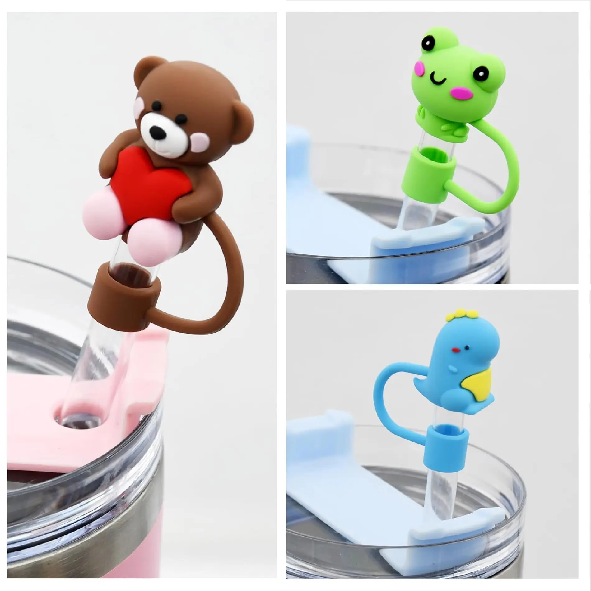 Set x2 bases de silicona para termo Stanley: osa con corazón, rana y dinosaurio para pajillas.