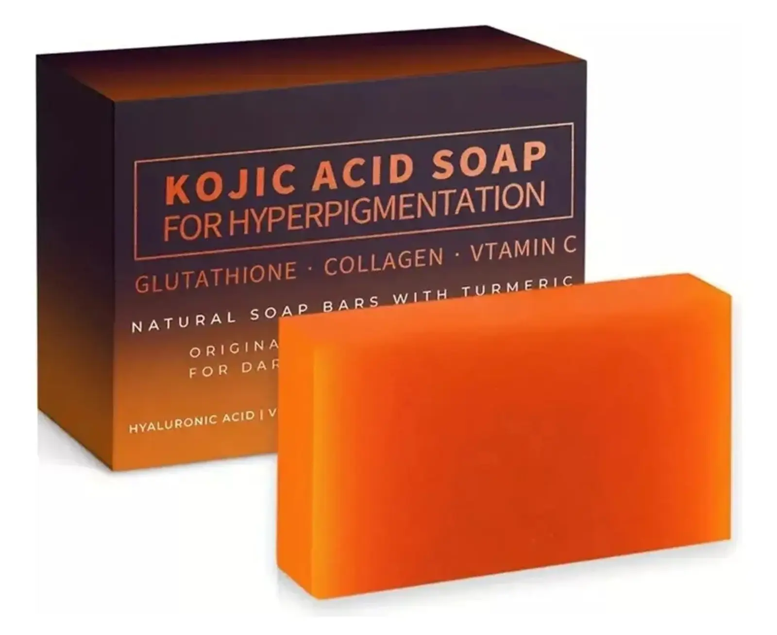 Jabón en barra naranja de ácido kójico con glutatión para hiperpigmentación.