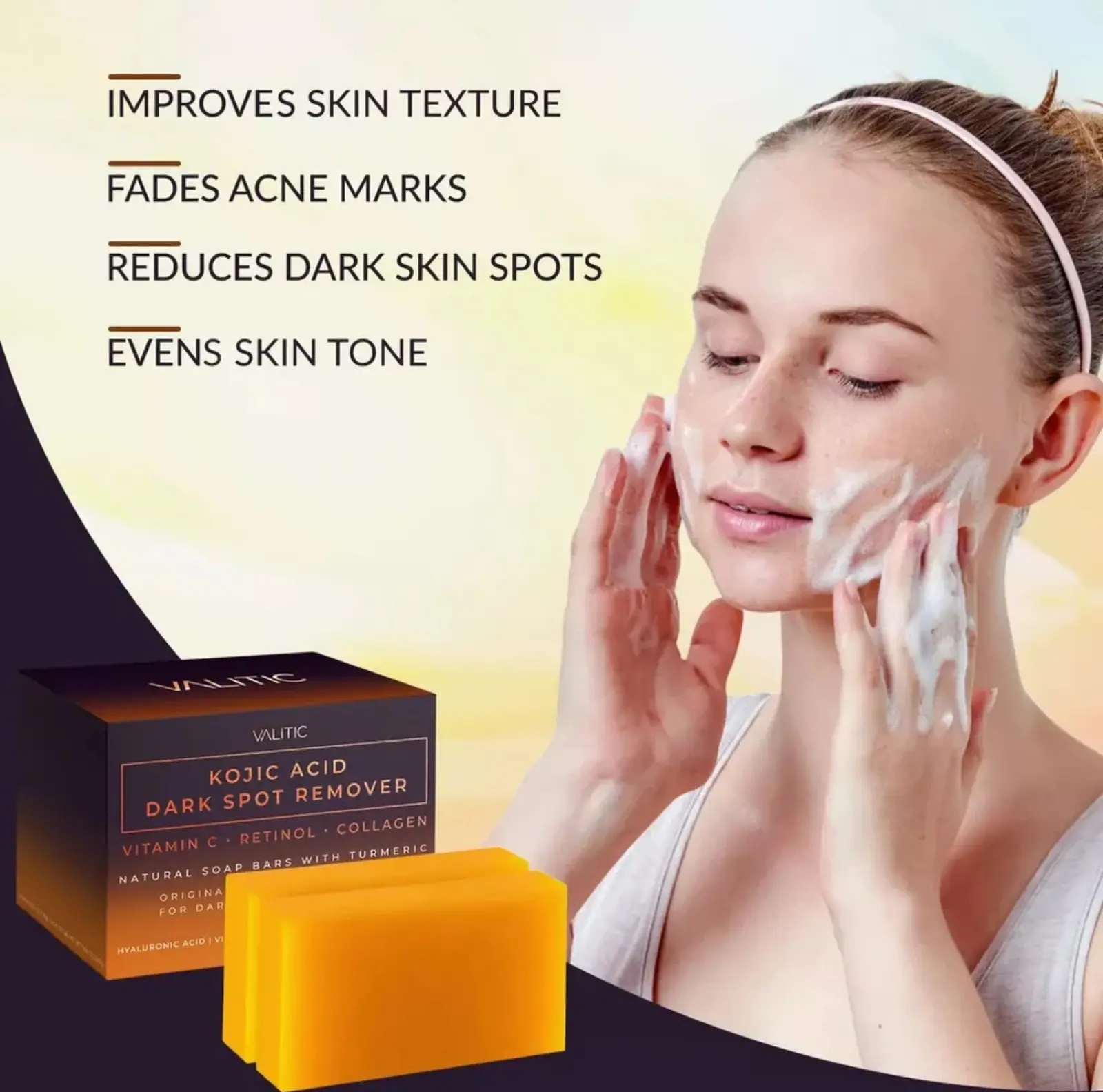 Caja de jabón Valtic con ácido kójico, vitamina C, retinol, colágeno y cúrcuma, junto a barras amarillas y modelo aplicando espuma en el rostro.