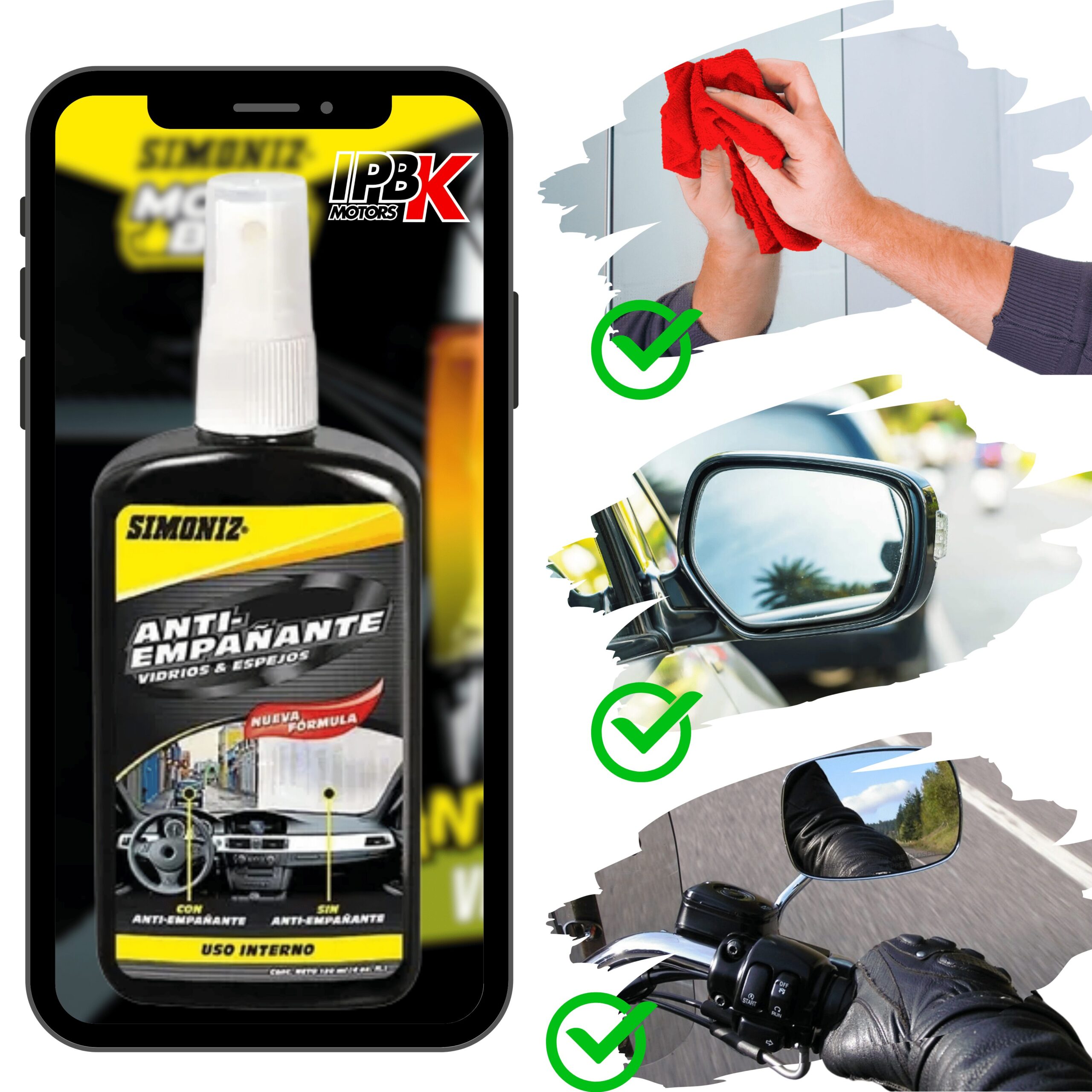 Spray antiempañante Simoniz para vidrios y espejos de autos y motos, uso interno.