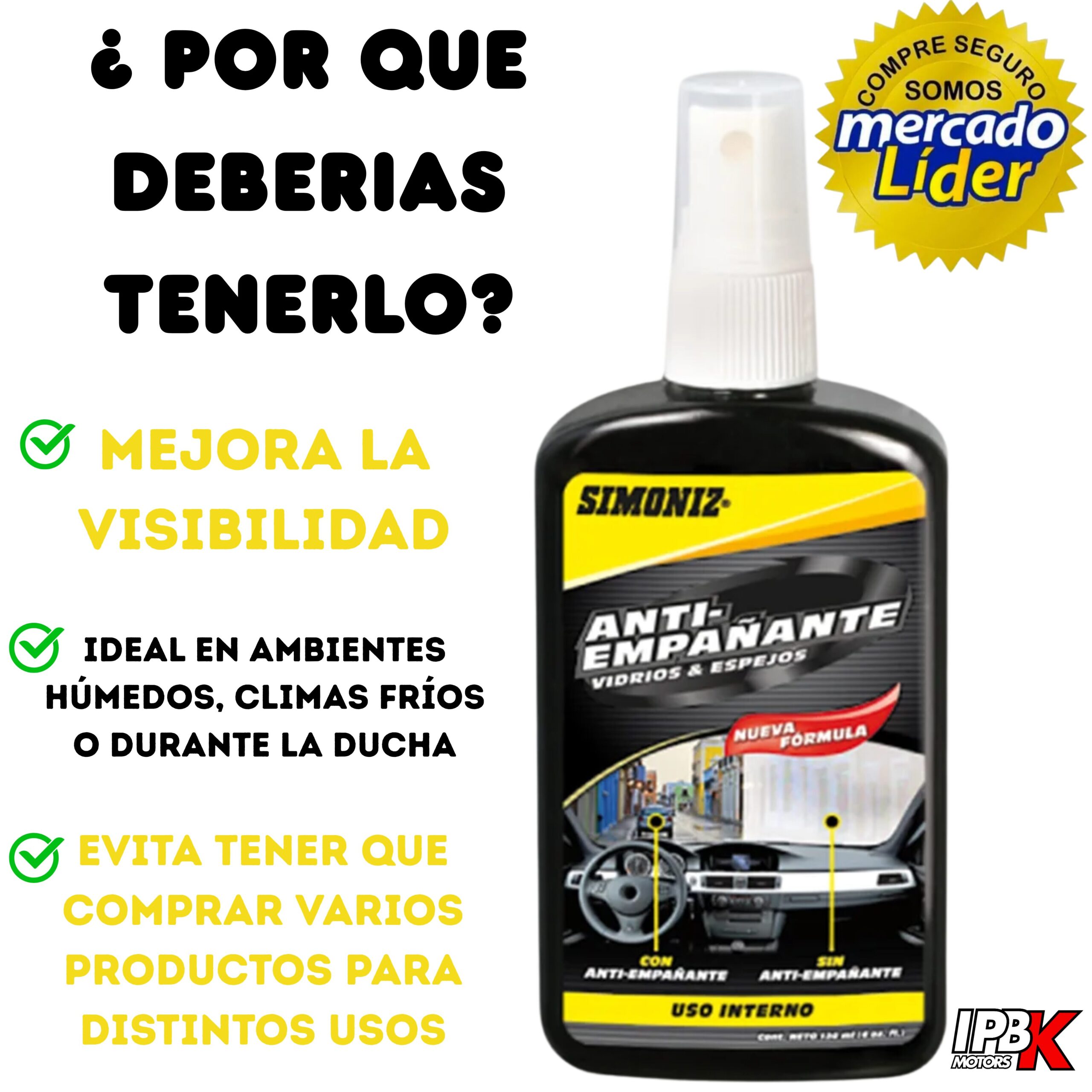 Spray antiempañante Simoniz para vidrios y espejos de autos, mejora visibilidad en climas húmedos y fríos.