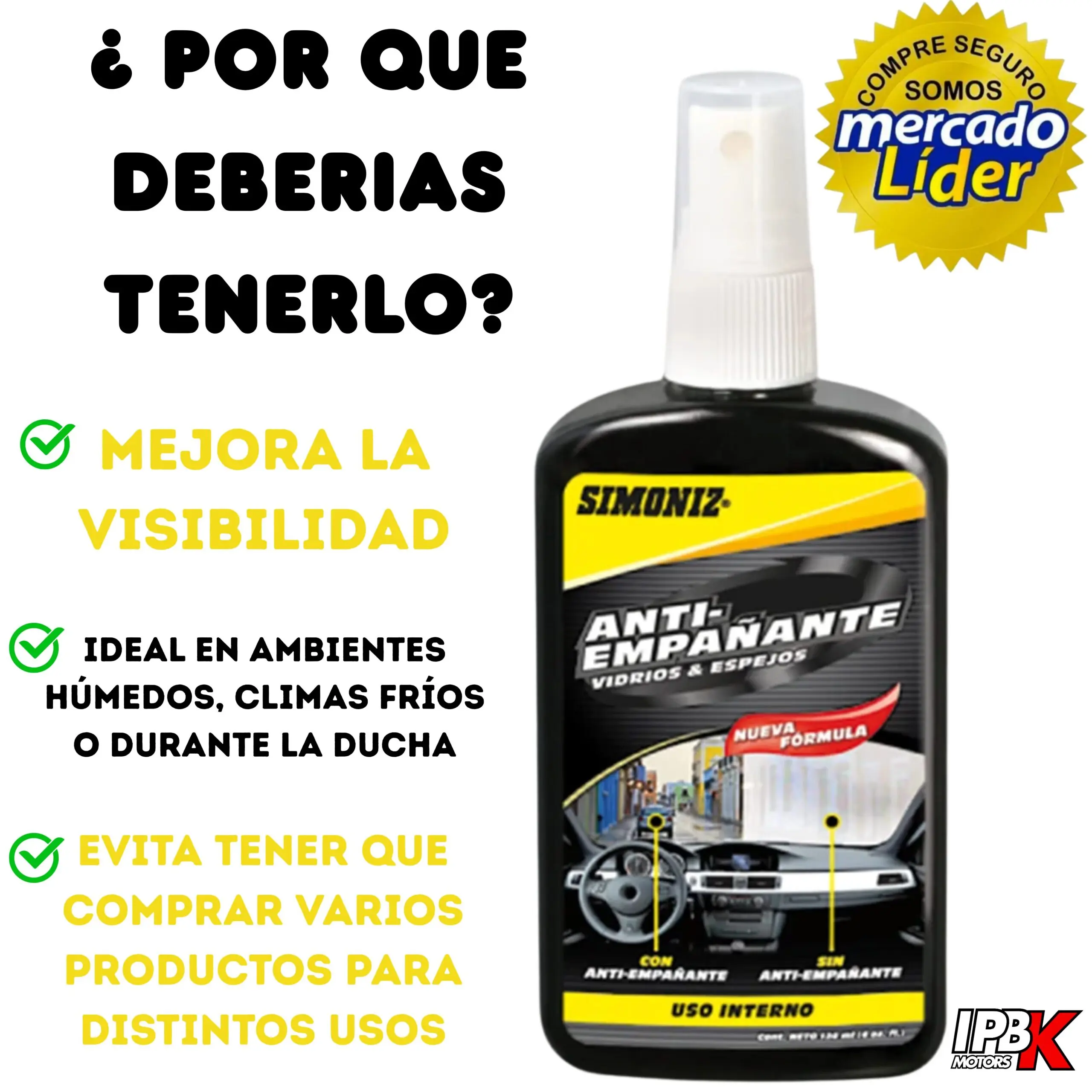 Spray antiempañante Simoniz para vidrios y espejos de autos, mejora visibilidad en climas húmedos y fríos.