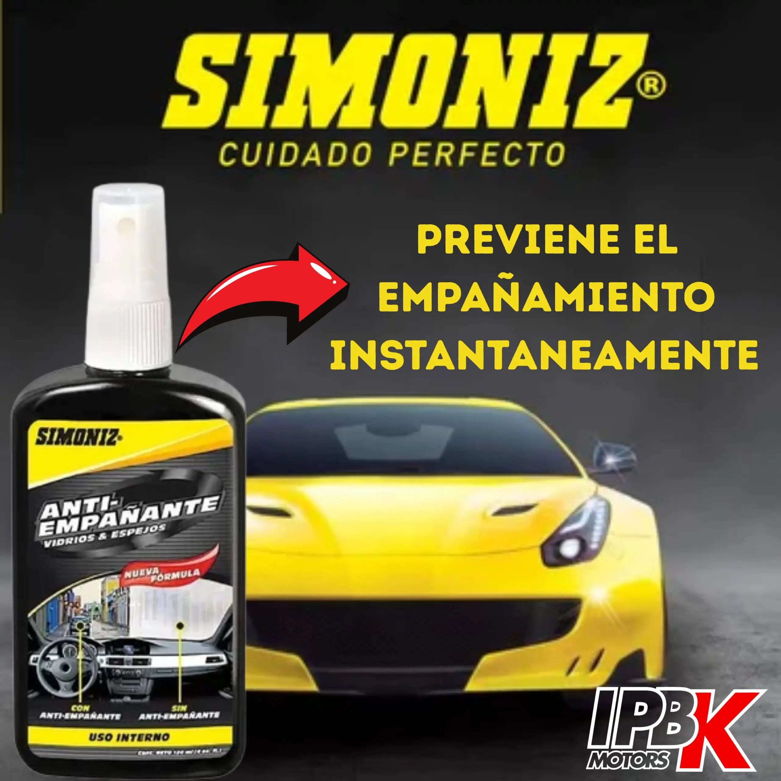 Spray antiempañante Simoniz para vidrios y espejos de autos, fórmula nueva, uso interno.