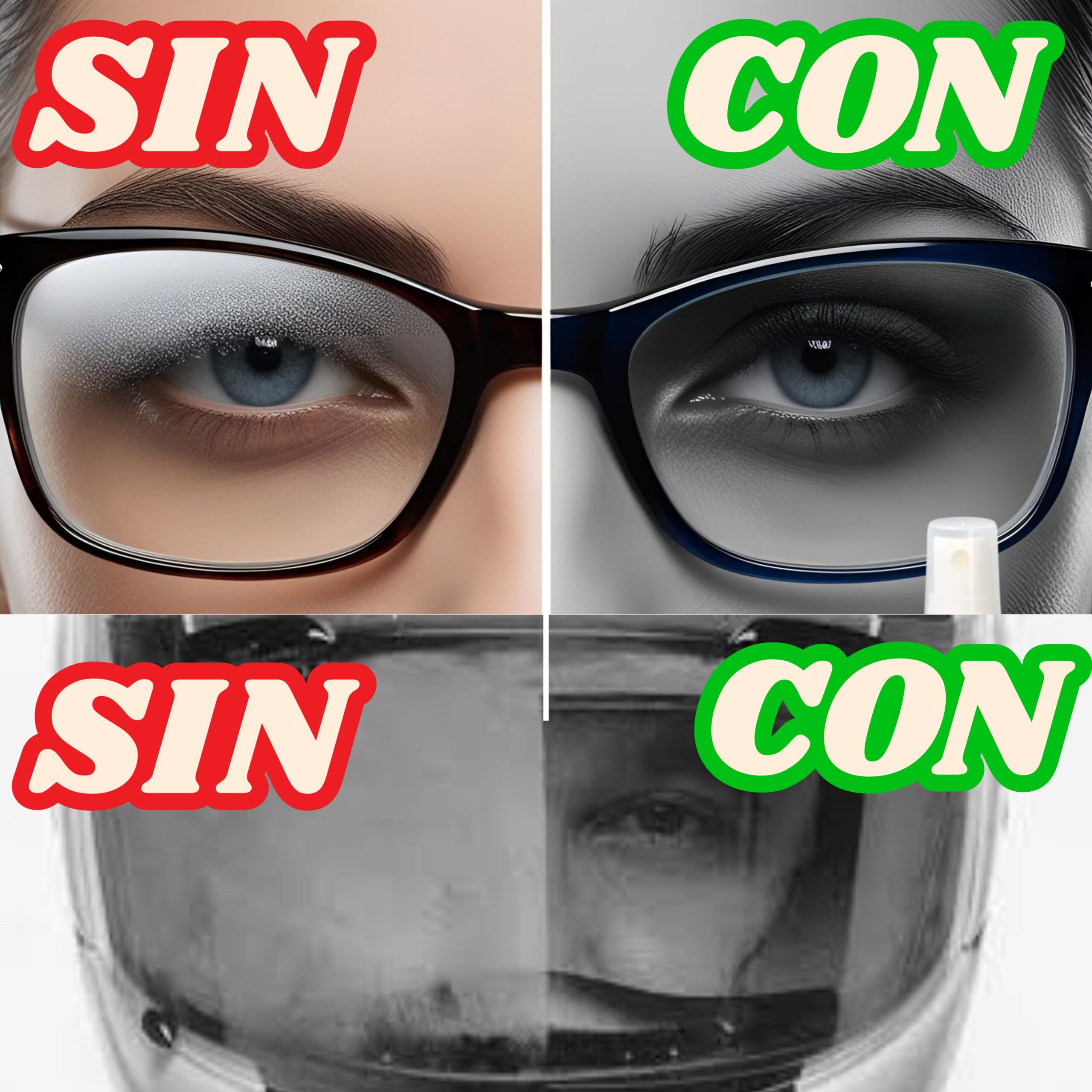 Spray antiempañante Simoniz para autos y motos, muestra efecto "sin" y "con" en cristales.