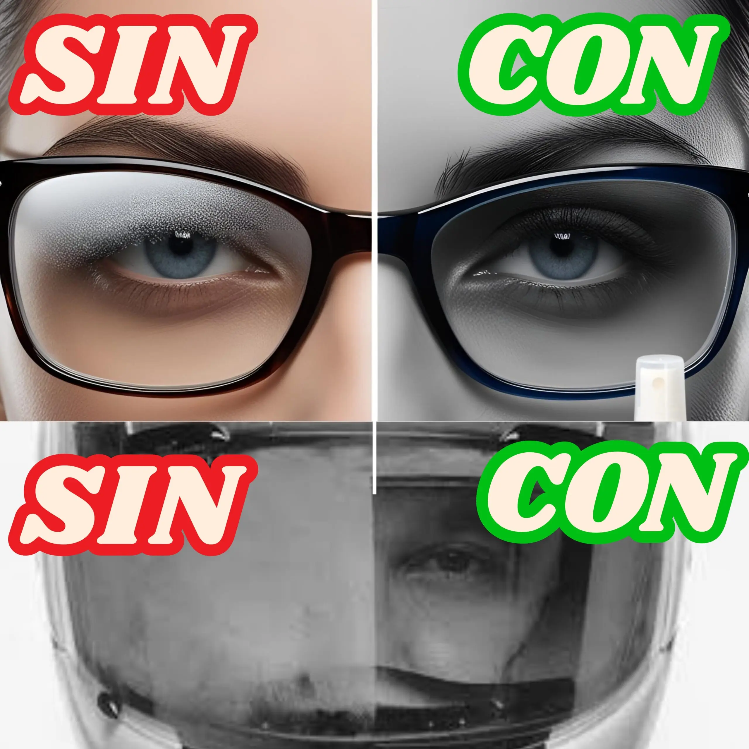 Spray antiempañante Simoniz para autos y motos, muestra efecto "sin" y "con" en cristales.