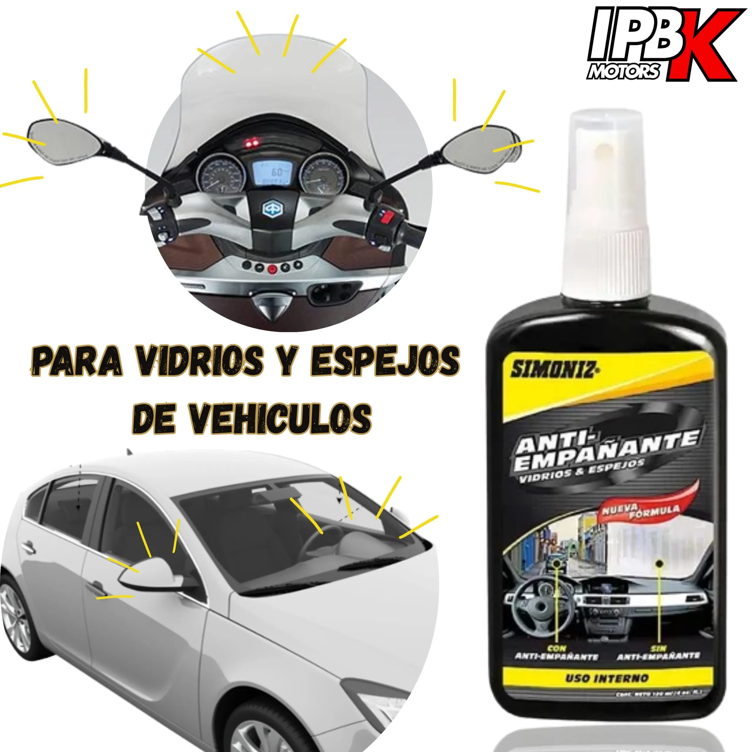 Spray antiempañante Simoniz para vidrios y espejos de autos y motos, mantiene cristales limpios.