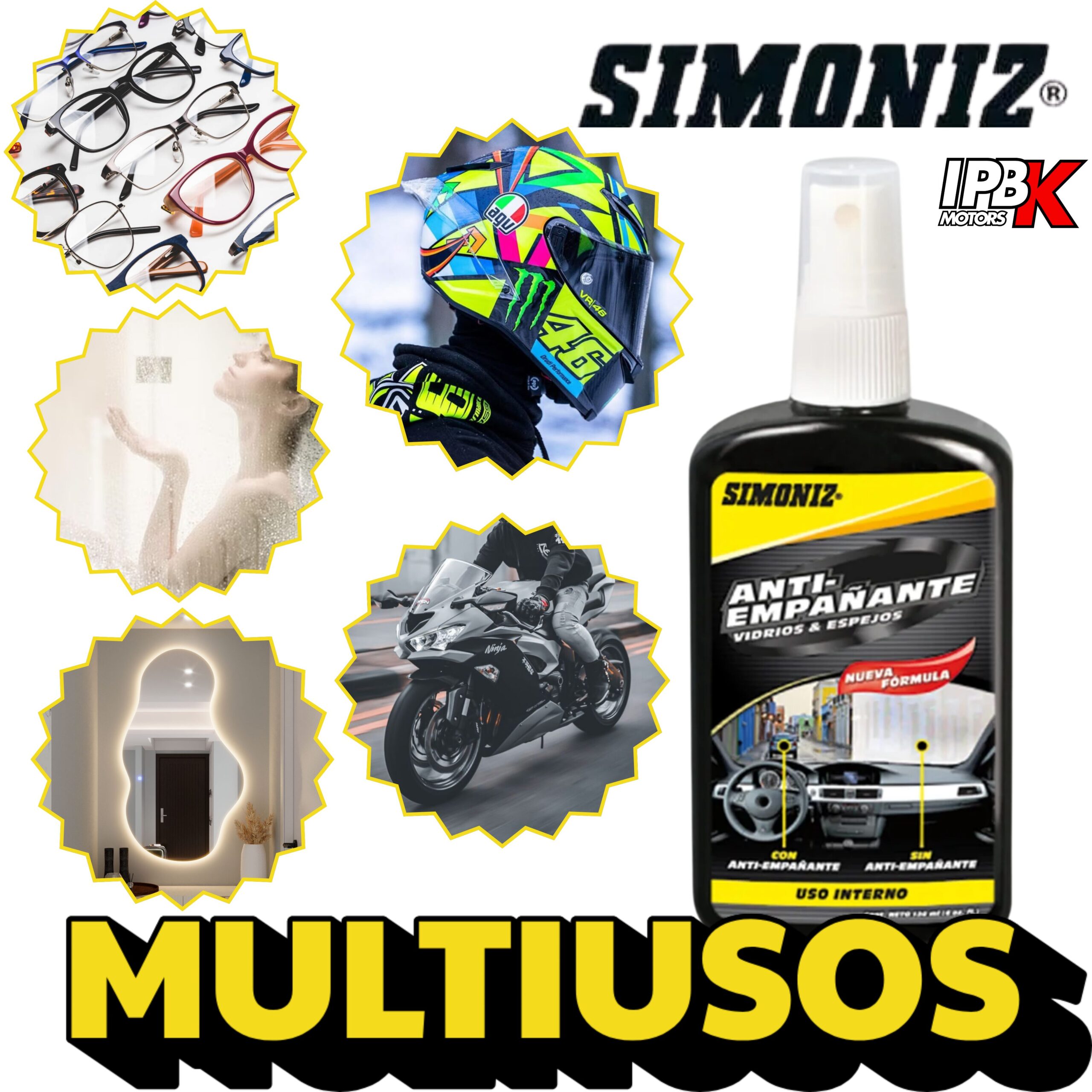 Spray antiempañante Simoniz para vidrios y espejos de autos y motos, con nueva fórmula.
