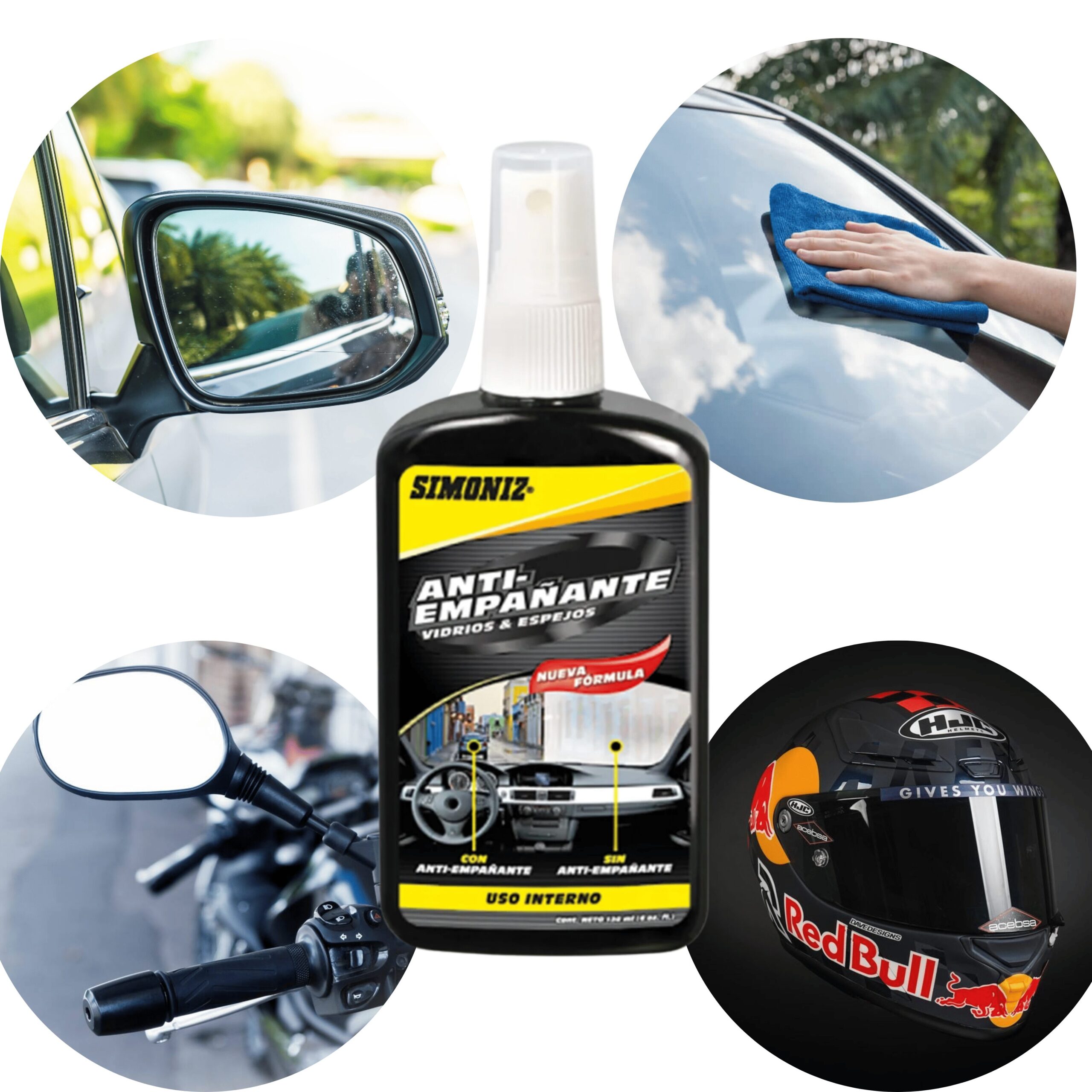Spray antiempañante Simoniz para vidrios y visores, con nueva fórmula, ideal para uso interno en autos y motos.