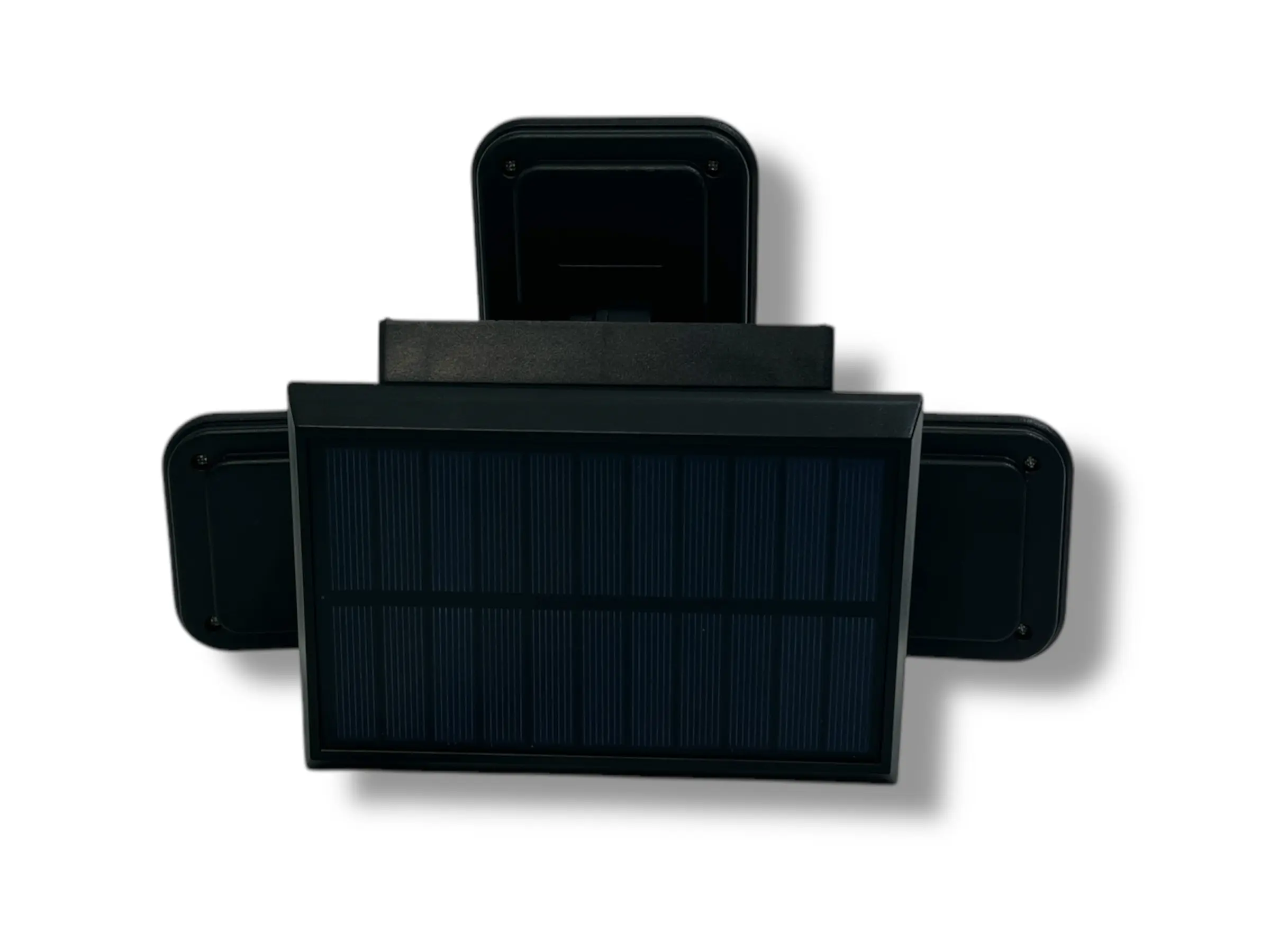 Lámpara solar negra con dos luces laterales, panel solar frontal y sensor de movimiento.