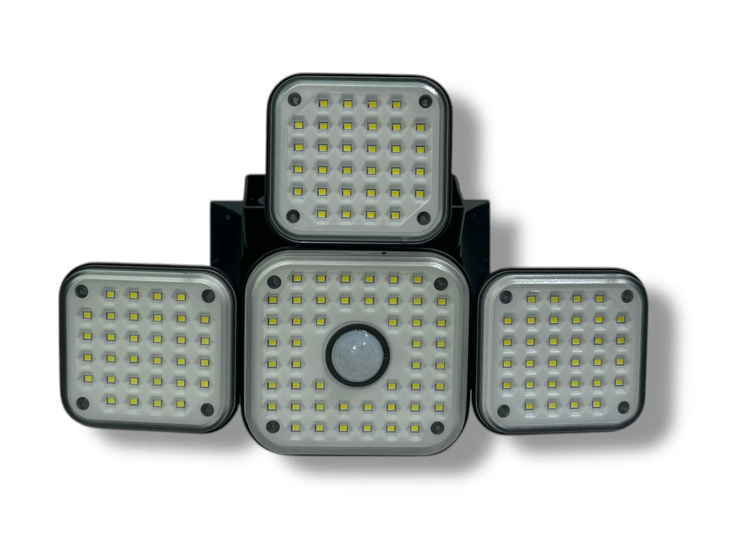 Lámpara solar con sensor de movimiento, tres focos LED cuadrados, negra y plateada.