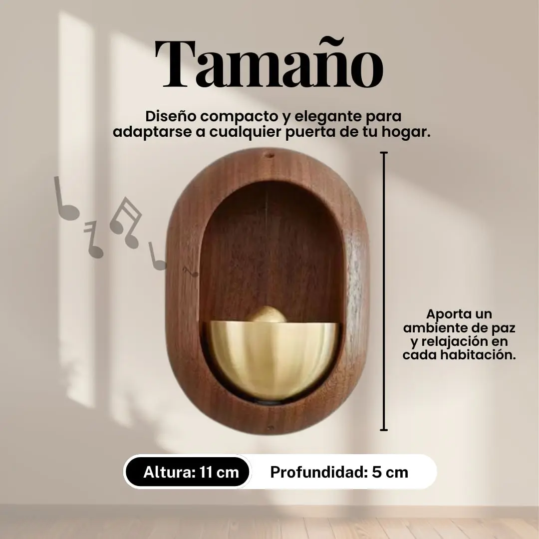 Timbre de madera vintage con campana dorada, 11 cm alto x 5 cm profundo, para añadir serenidad al hogar.
