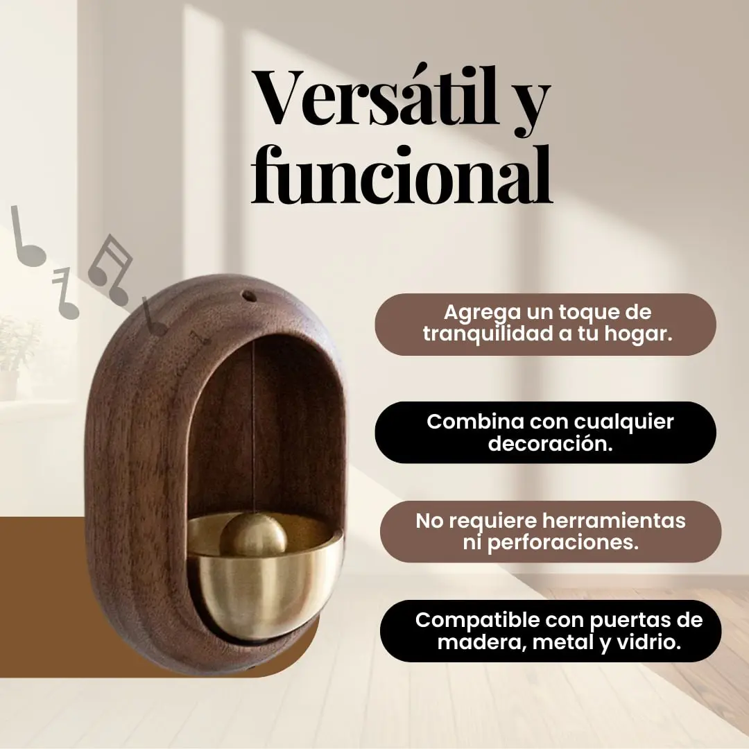 Campana de madera y metal dorada, timbre vintage para puerta, añade serenidad, fácil instalación.