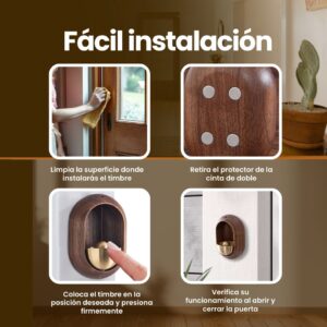 Timbre campana madera vintage inalámbrico, fácil instalación en puerta, diseño elegante y funcional.