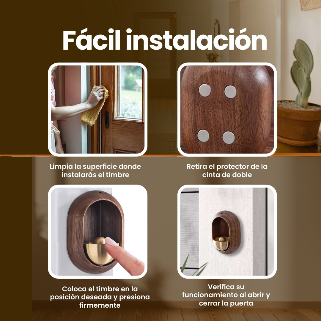 Timbre campana madera vintage inalámbrico, fácil instalación en puerta, diseño elegante y funcional.
